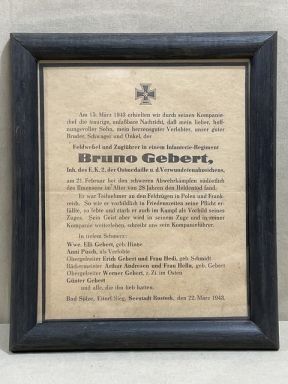 Original WWII German Framed Remembrance Card to Fallen NCO
