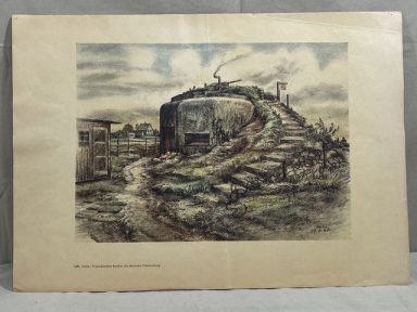 Original WWII German KUNST DER FRONT Print, French Bunker as a German FLAK Position