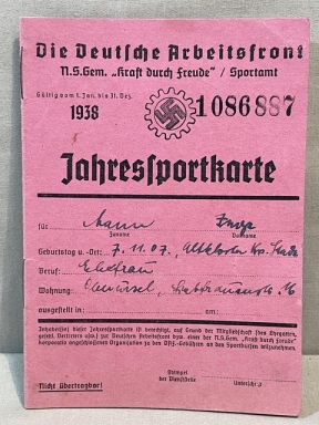 Original 1938 German DAF Strength Through Joy Annual Sports Card, Jahressportkarte