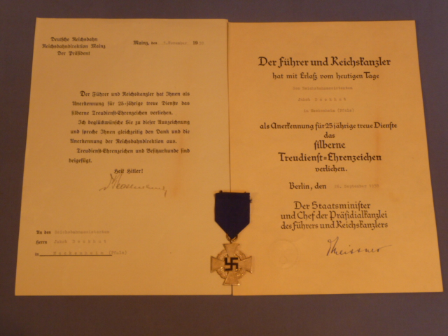 Original 1938 German 25 Year Faithful Service Medal with Award Document and Letter