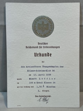 Original Nazi Era German DRL Sports Association 1st Place Winner Document