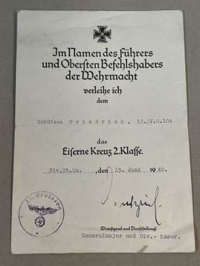 Original WWII German 1939 Iron Cross 2nd Class Award Document