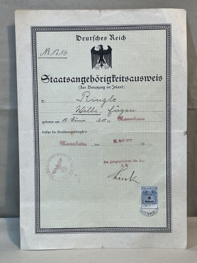 Original WWII German Citizenship ID (For Domestic Use) Document, Staatsangehörigkeitsausweis