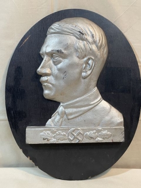 Original Nazi Era German Early Wood and Metal HITLER Plaque, LARGE!!!