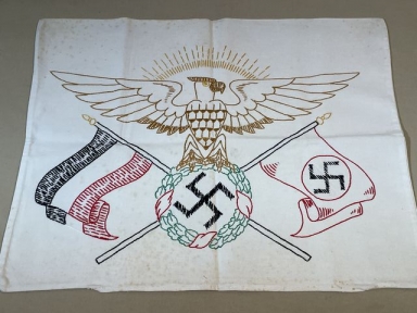 Original Nazi Era German Hand Embroidered Pillow Case, Eagle with Flags!
