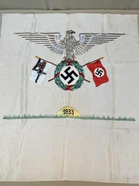 Original 1933 German Hand Embroidered Tapestry, Eagle with Flags!