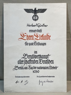 Original 1939 German Hitler Youth Participation Certificate, Ehren Urkunde