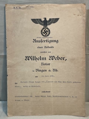 Original 1939 German Tax-Exempt Copy of a Document by Notary Wilhelm Weber, Urkunde