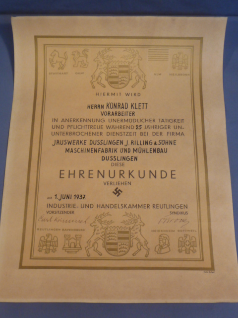 Original 1937 German Large Fancy 25 Years Service Award to Worker