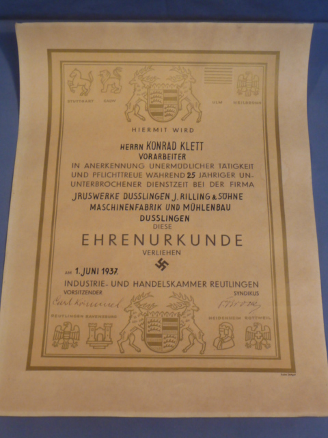 Original 1937 German Large Fancy 25 Years Service Award to Worker
