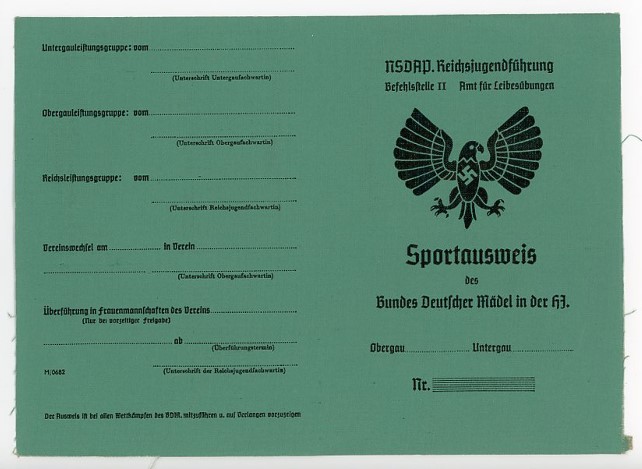 Original Nazi Era German Female Hitler Youth Sports Card, UNUSED!