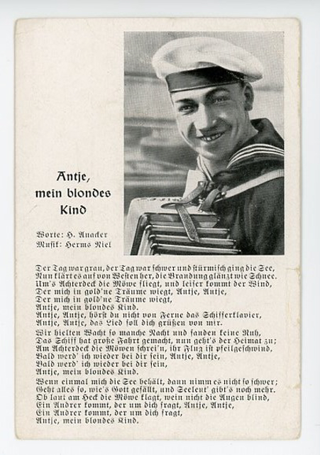 Original WWII German Military Song Postcard, Antje, My Blond Child