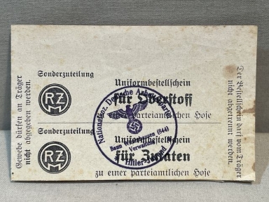 Original Nazi Era German RZM Special Allocation Uniform Reference Slip