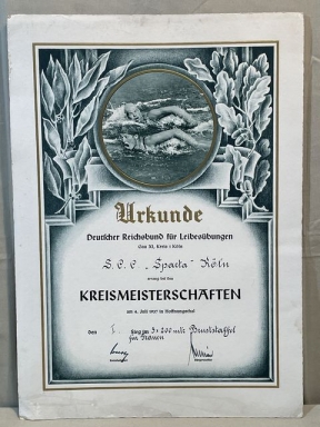 Original 1937 German DRL Document, 1st Place Female Breaststroke