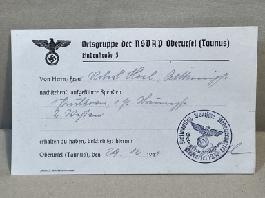 Original WWII German NSDAP Oberursel Donation Document, 1941 Dated