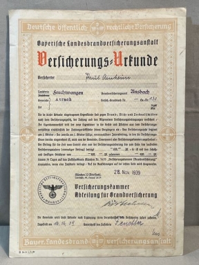 Original WWII German Fire Insurance Certificate