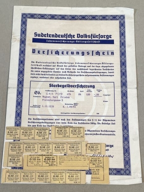 Original WWII German Sudeten German's Insurance Policy with Stamps