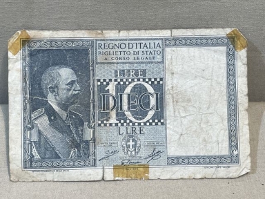 Original WWII Italian 10 Lire Note, 1944