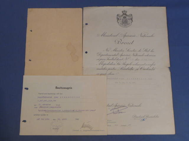 Original WWII German Award Documents Grouping to Hans Bienm�ller