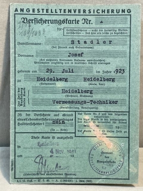 Original Nazi Era German Insurance Card for Measuring Technician, ANGESTELLTENVERSICHERUNG