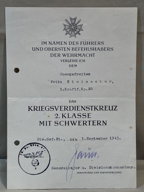 Original WWII German War Merit Cross 2nd Class w/Swords Award Document, Jauer Signature!
