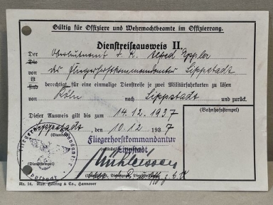 Original 1937 German Service Travel Card for Officers