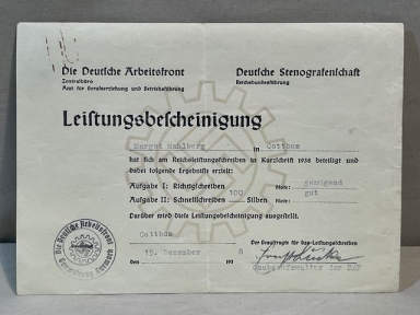 Original 1938 German DAF Central Office Performance Certificate