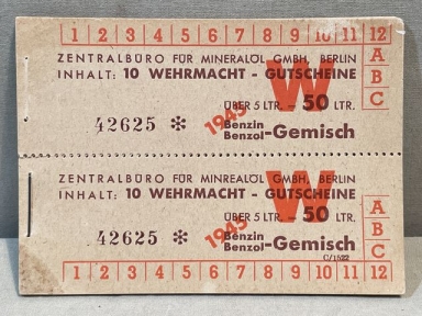 Original WWII German Wehrmacht Booklet of 20 Vouchers for Gasoline, UNUSED!