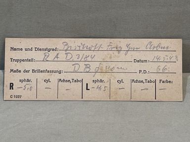 Original WWII Era German RAD Member's Eye Glasses Prescription Card