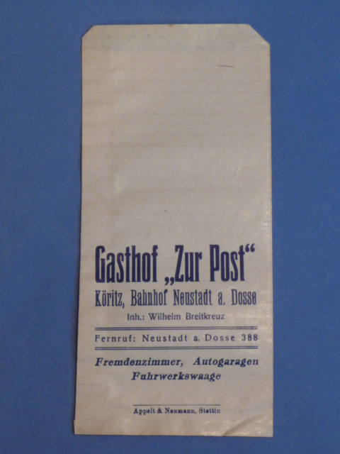 Original WWII Era German Paper Goods Sack, Gasthof Zur Post