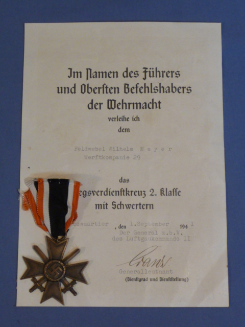 Original WWII German War Merit Cross 2nd Class w/Swords Medal AND Award Document