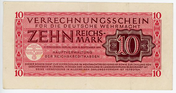 Original WWII German 10 Reichsmark Wehrmacht Payment Certificates, Behelfszahlungsmittel
