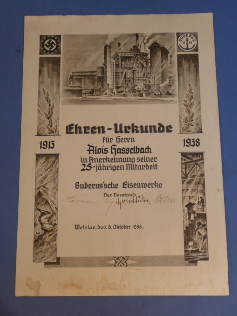 Original 1938 German DAF 25 Years Service Award Document, LARGE