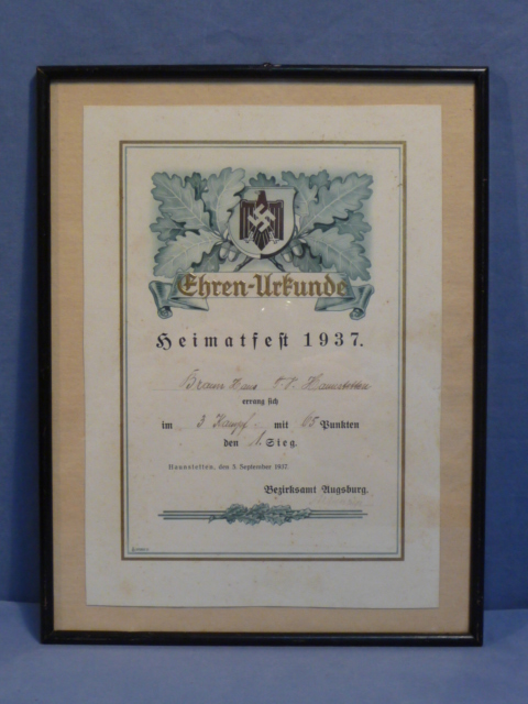 Original Nazi Era German Heimatfest 1937 Competition Award Document, FRAMED!