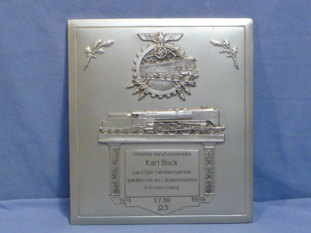 Original 1939 German Metal Plaque Award for 25 Years Locomotive Service