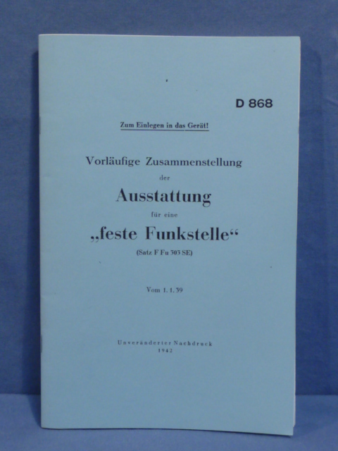 REPRINT, German Manual of Equipment for a Fixed Radio Station, 1942