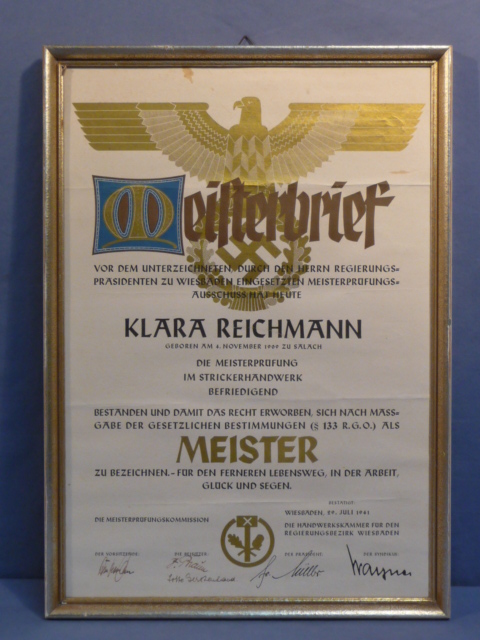 Original WWII German LARGE Framed Accomplishment Document