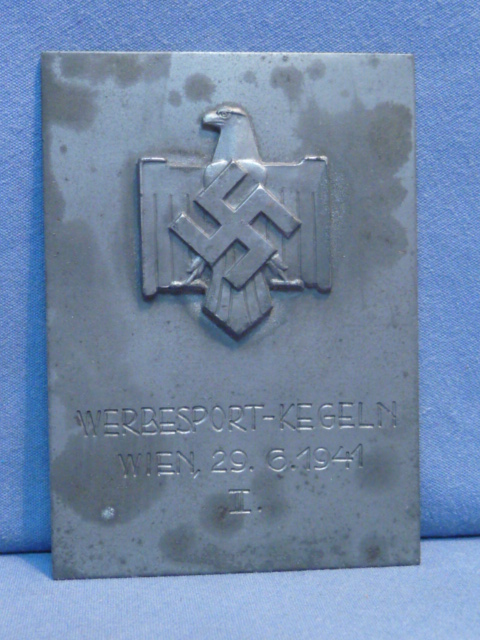Original Nazi Era German Small Metal Plaque, WERBESPORT-KEGELN