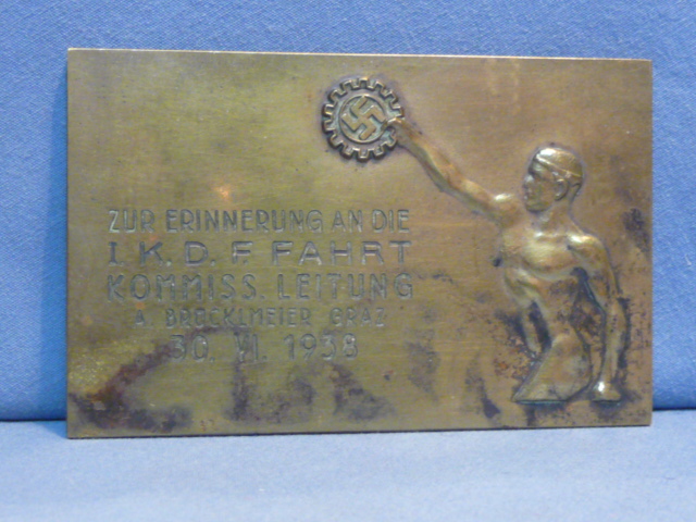 Original 1938 German Small Metal DAF Plaque, I. K. D. F. FAHRT