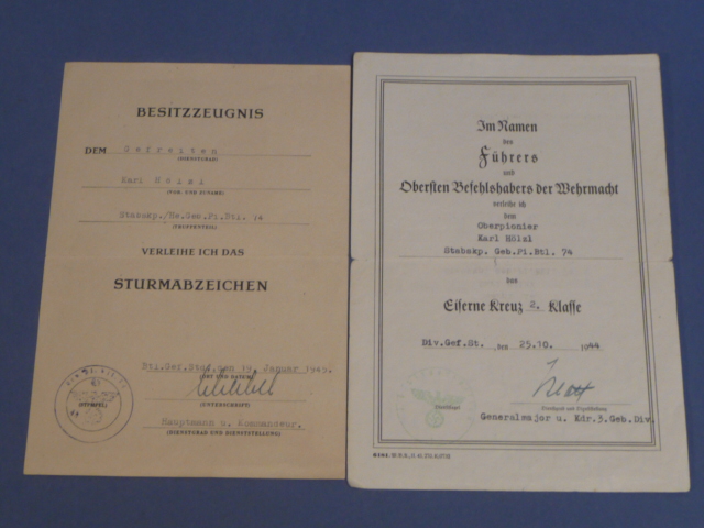 Original WWII German Award Document Set to Engineer, Iron Cross 2nd Class