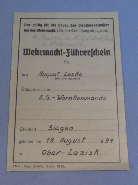 Original WWII German Armed Forces Driver License, Luftwaffe