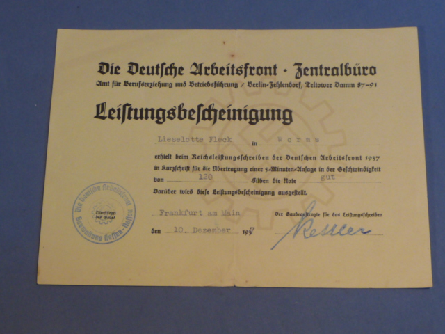 Original 1937 German DAF Central Office Performance Certificate