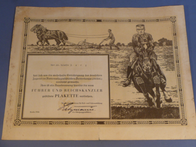 RARE! Original 1938 German NS Riding Corps (NSRK) Plaque Award Document for Youth