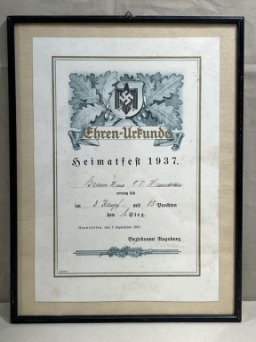Original Nazi Era German Heimatfest 1937 Competition Award Document, FRAMED!