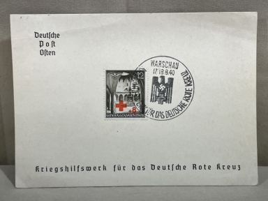 Original WWII German Red Cross War Help Work Stamp w/Warsaw Cancellation