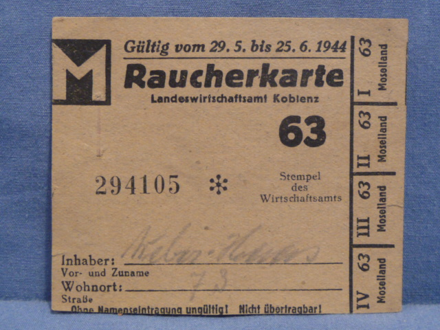 Original WWII German Smoking Card (Raucherkarte)