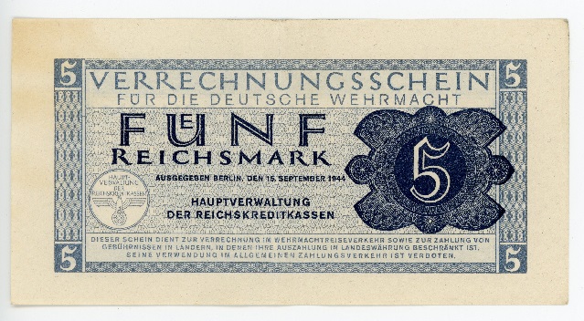 Original WWII German 5 Reichsmark Wehrmacht Payment Certificates, VERRECHNUNGSSCHEIN