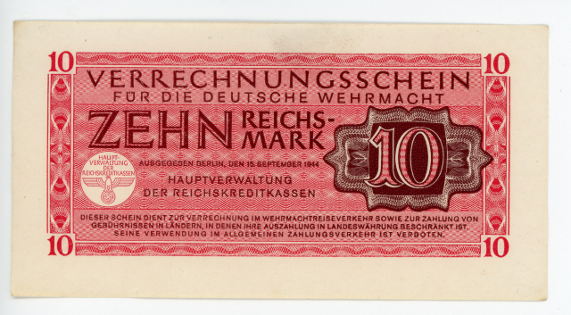 Original WWII German 10 Reichsmark Wehrmacht Payment Certificates, VERRECHNUNGSSCHEIN