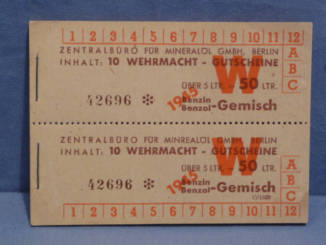 Original WWII German Wehrmacht Booklets of 20 Vouchers for Gasoline, UNUSED!
