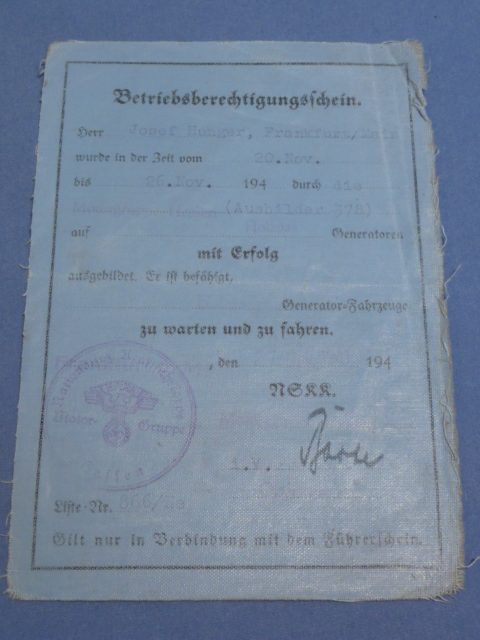 Original WWII German NSKK Operation Qualification Certificate, Betriebsberechtigungsschein